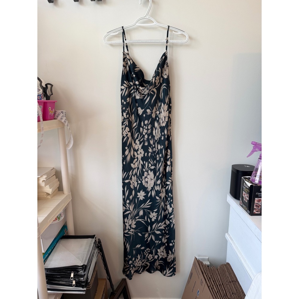 Vici Floral Satin Cowl Neck Midi Slip Dress Green Cream Small
